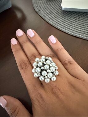 Classic Pearl Cluster Ring with Clear Crystal Accents - White